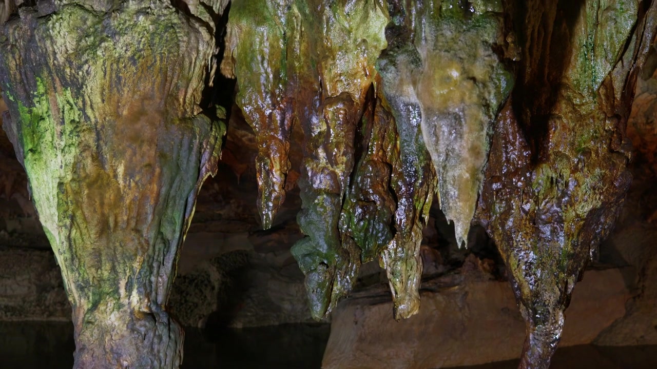 Multiple stalactites hang from a cave ceiling, displaying mineral deposits in brown, orange, and green tones with moss growth. The camera maintains a static upward angle capturing.