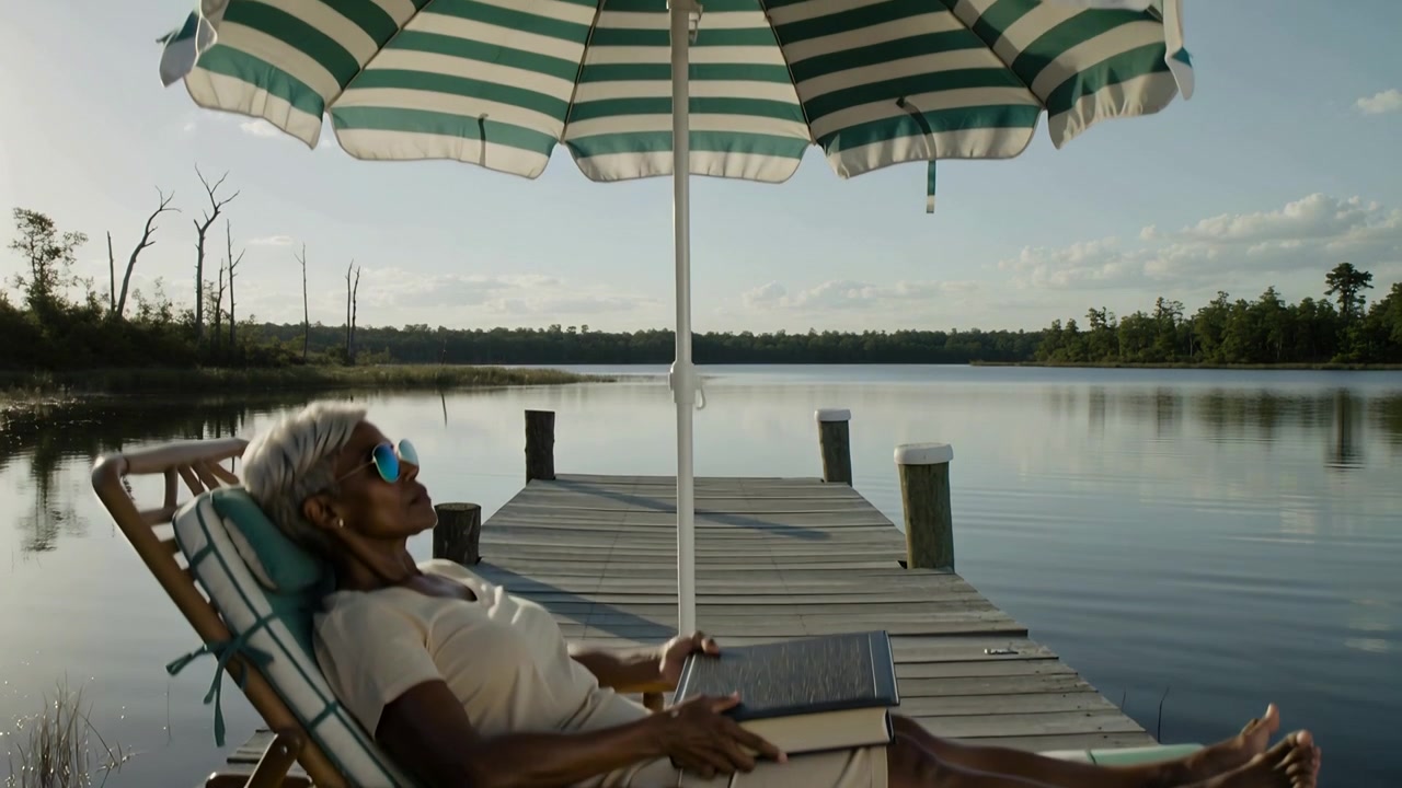 Reclining senior woman in light dress and sunglasses lifting book on dock under umbrella