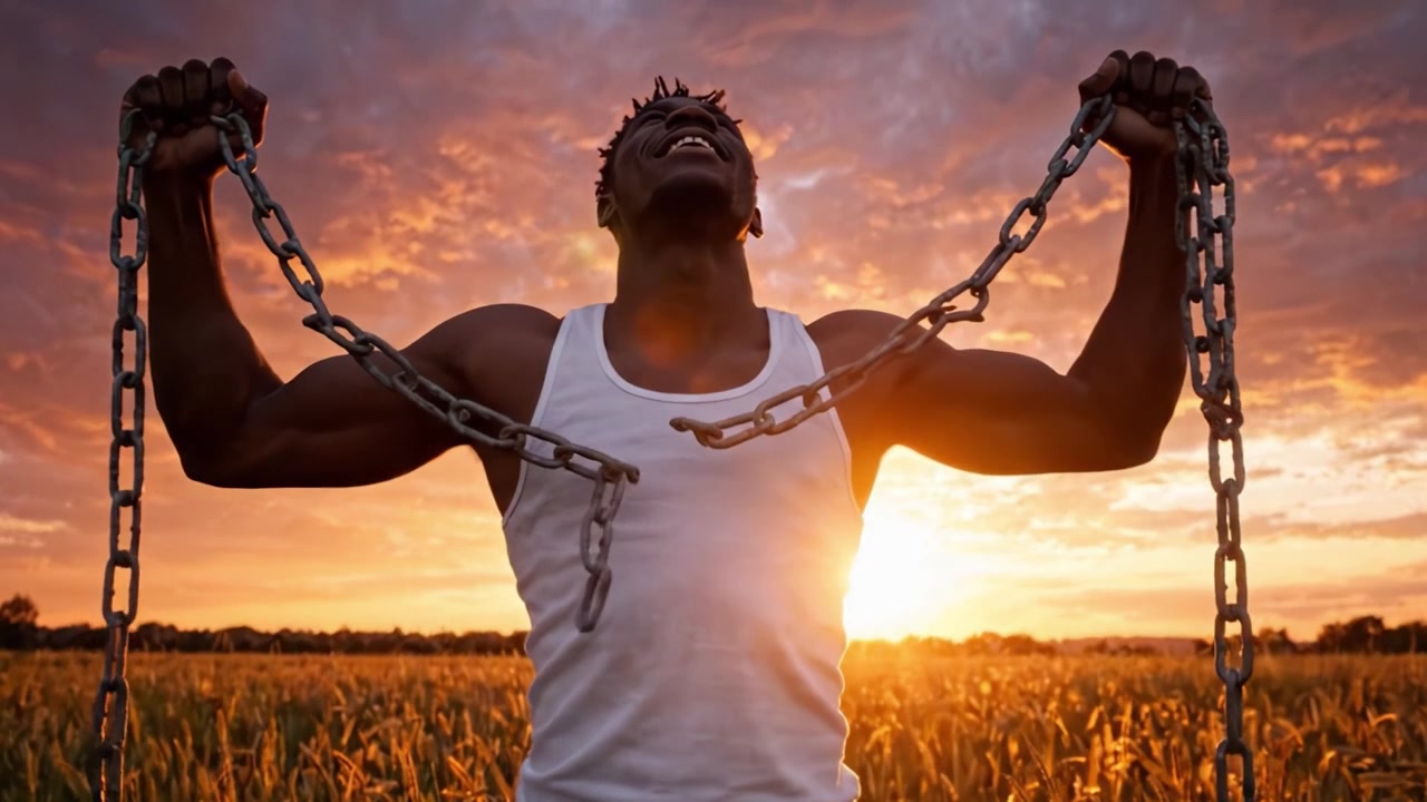Ein feierlicher Moment der Befreiung: Eine starke Person hebt Ketten vor einem Sonnenuntergangshimmel, was Freiheit und den Triumph über Widrigkeiten in einem goldenen Feld symbolisiert.