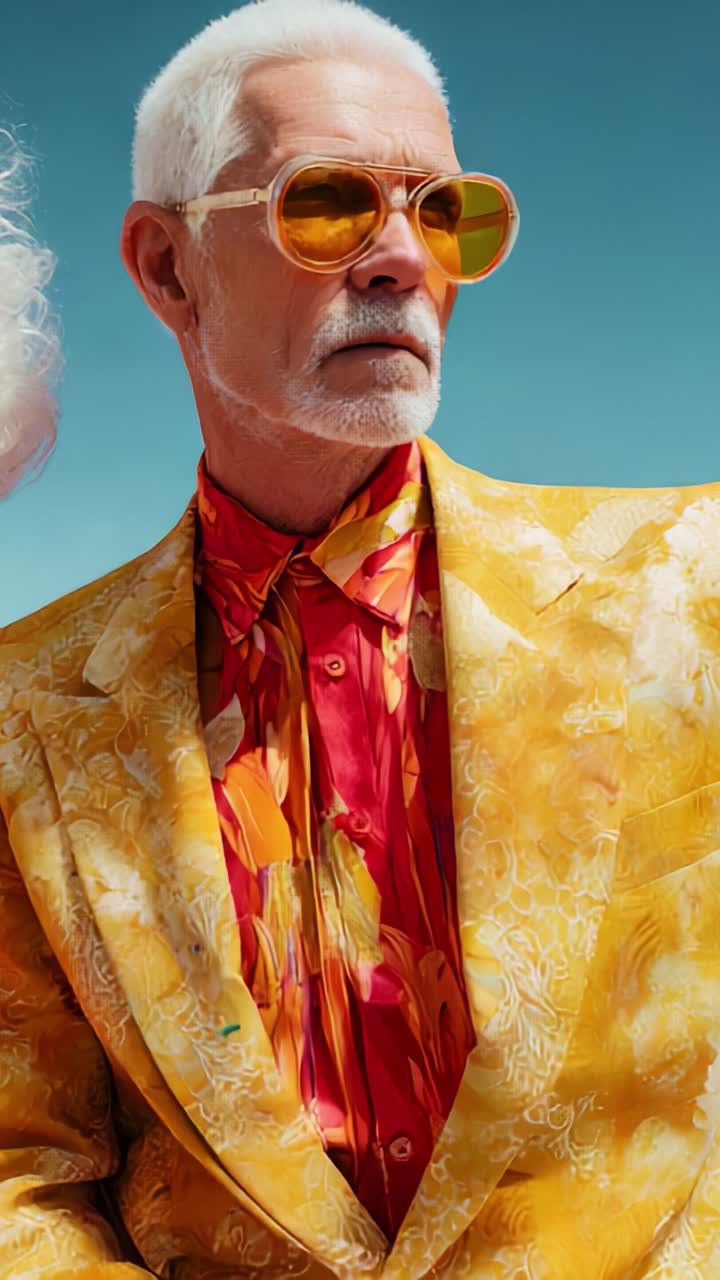 Stylishly Confident Man in Vibrant Yellow Suit and Sunglasses Against a Clear Blue Sky, Showcasing Bold Fashion Choices and Unique Personal Style