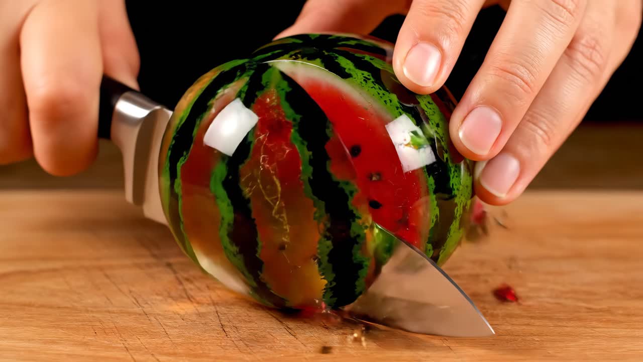 Cutting a watermelon-shaped dessert