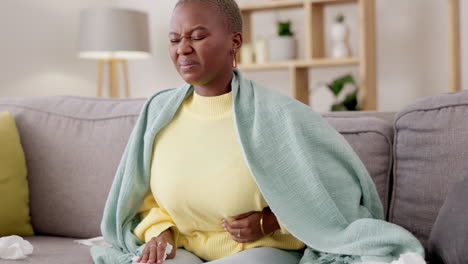 black woman, sofa and stomach with cramps