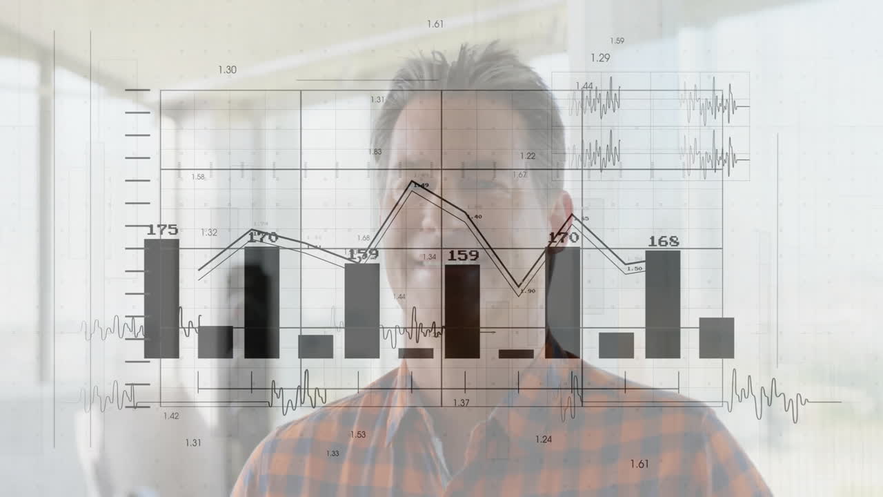 mature adult man standing in modern office, interacting with finance bar charts and line graphs