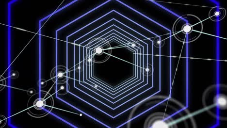 network of connections against neon blue glowing hexagonal tunnel on black background
