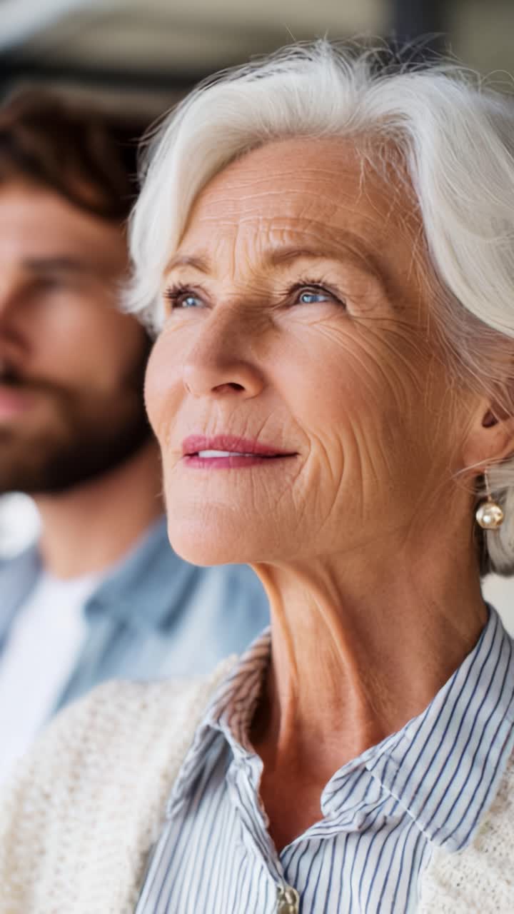 A thoughtful elderly woman gazes upward, reflecting on life and memories, while a younger man stands behind her, representing generational connection and wisdom