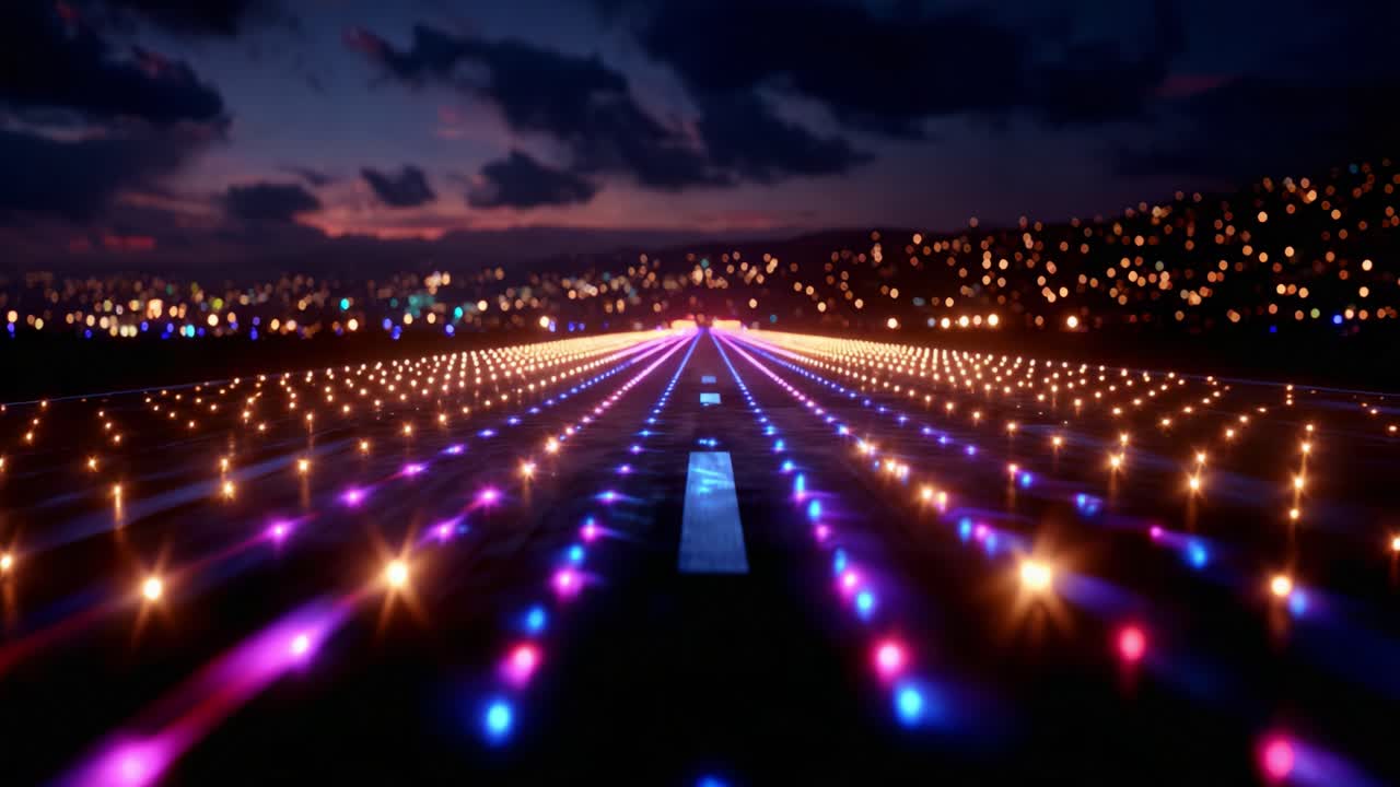 A Captivating Display of Runway Lights Illuminates the Pathways at Dusk, Creating a Mesmerizing Scene with Vibrant Colors and Soft Glow Against the Darkening Sky, Inviting Imagination and Dreamlike Journeys