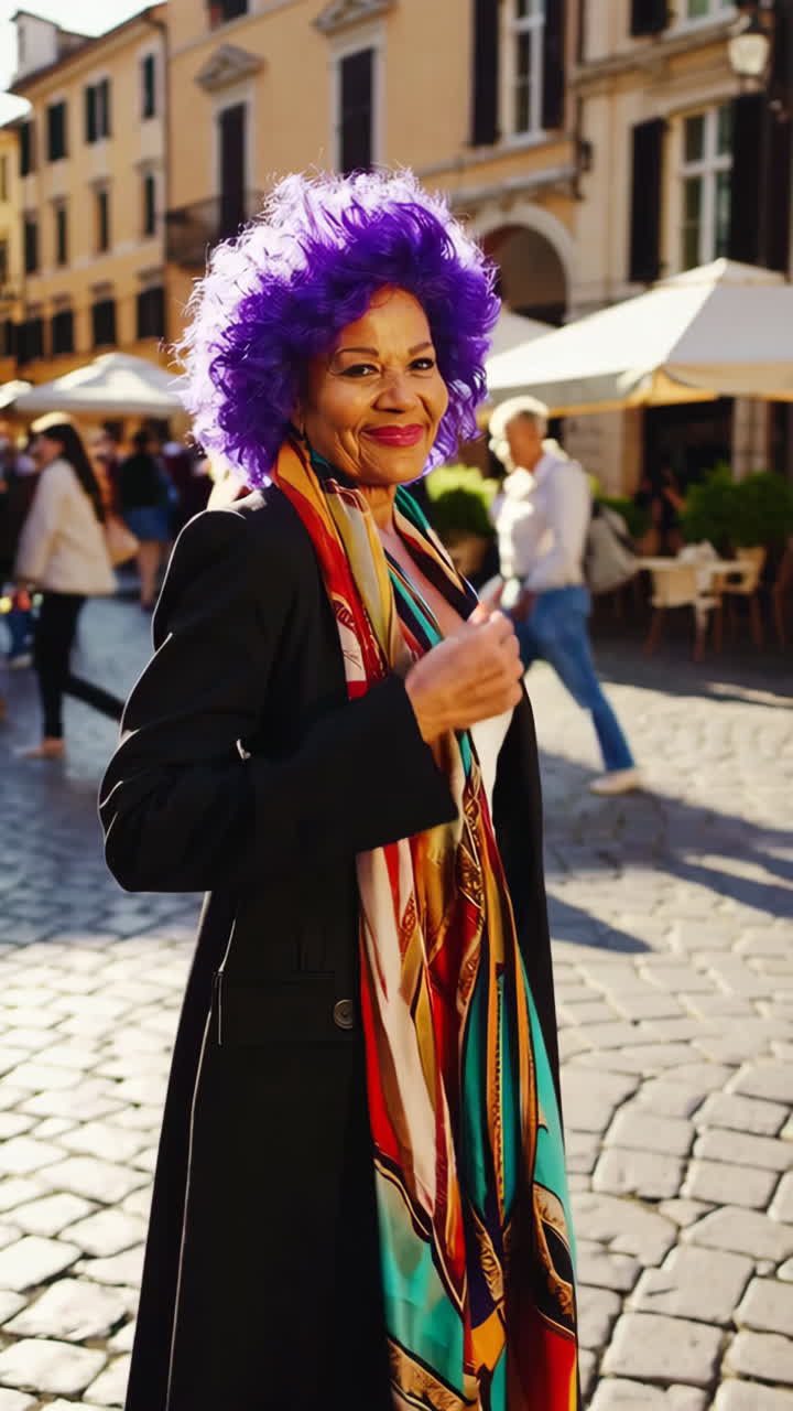 Vibrant Woman with Purple Hair and Colorful Scarf in a Sunny City Street
