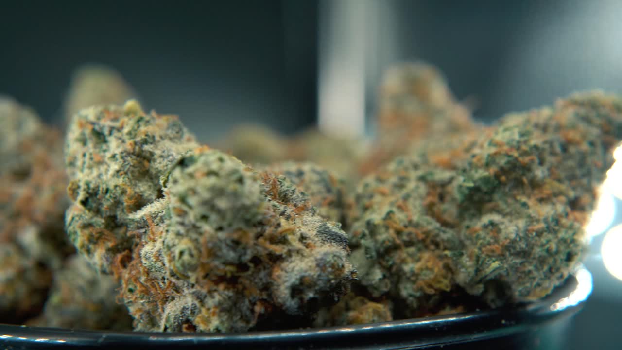 A hyper macro dreamy steady shot of a cannabis plant, hybrid orange strains, sativa ,marijuana flower, on a rotating stand, slow motion, 4K video, studio lighting