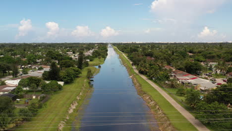 an aerial view of a long canal which stretches out to the horizon on a sunny day