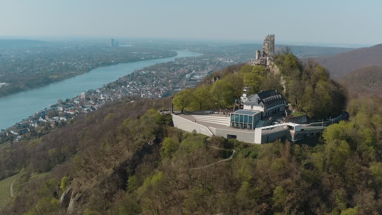 Drone shot of the Drachenfels with the river rhine Siebengebirge near Bonn - Königswinter