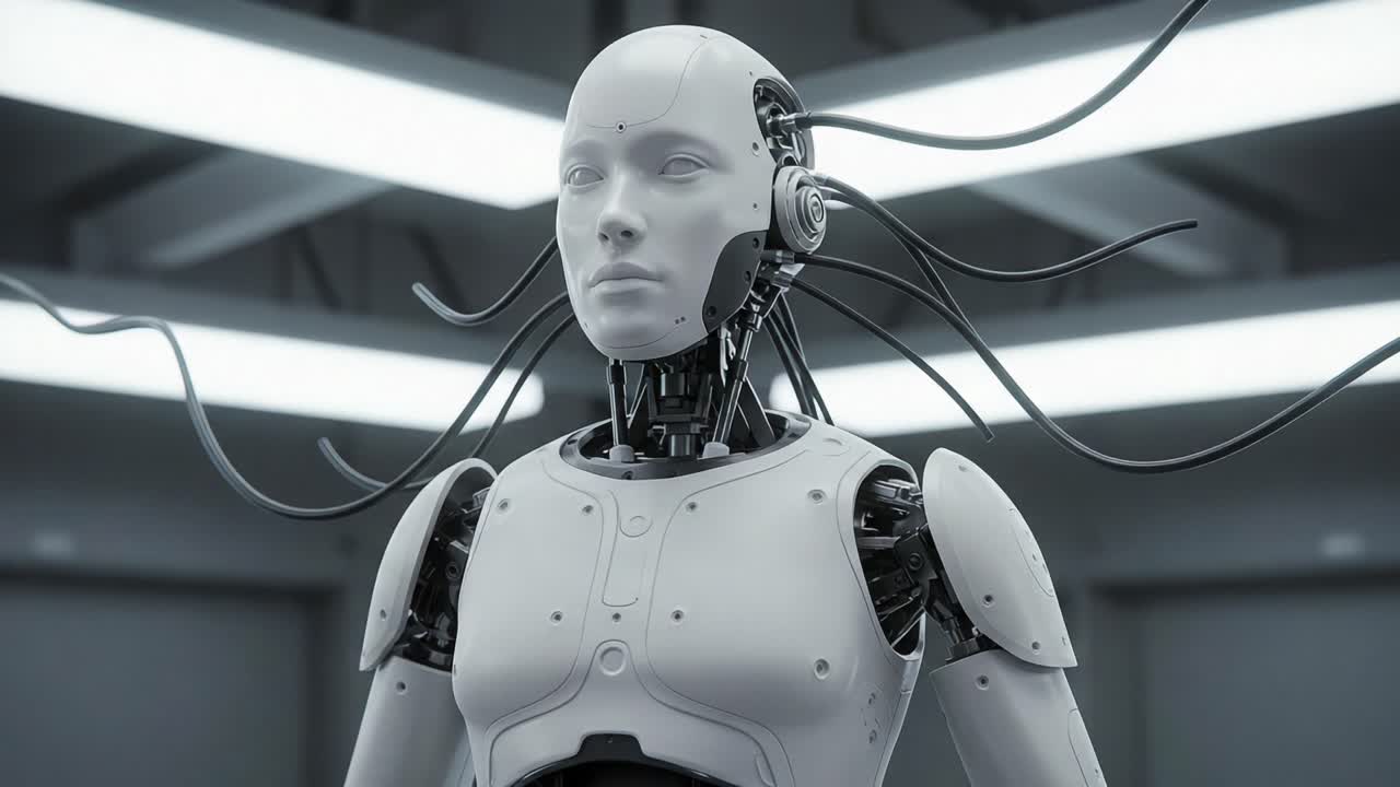 A Futuristic Humanoid Robot in a Sleek Laboratory Setting, Showcasing Advanced Robotics Technology with Intricate Mechanical Features and a Polished Design