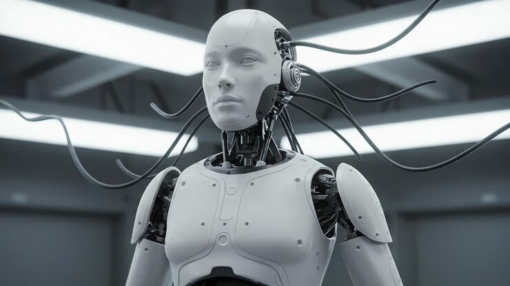 Un Robot Umanoide Futuristico in un Elegante Ambiente di Laboratorio, che Mostra Tecnologia Robotica Avanzata con Complesse Caratteristiche Meccaniche e un Design Raffinato