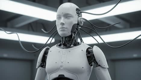 a futuristic humanoid robot in a sleek laboratory setting, showcasing advanced robotics technology with intricate mechanical features and a polished design