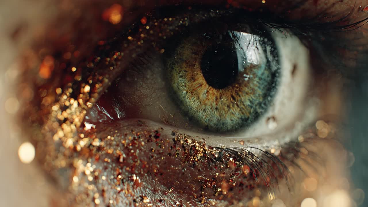 A Close-Up Exploration of a Glittering Eye, Showcasing Textured Makeup and Reflective Beauty, Captured in Two Striking Frames That Highlight Details and Emotions