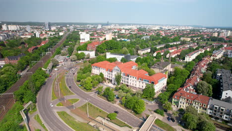 aerial view of urban sprawl in gdansk on sunny clear day