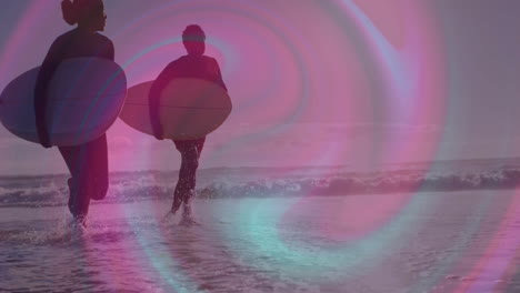surfers running into shallow water at sunset, using pink purple lens-flare for marketing animation