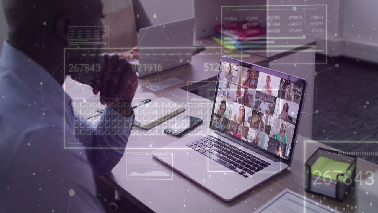 Virtual meeting on laptop screen with data processing animation overlay