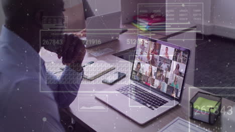 virtual meeting on laptop screen with data processing animation overlay