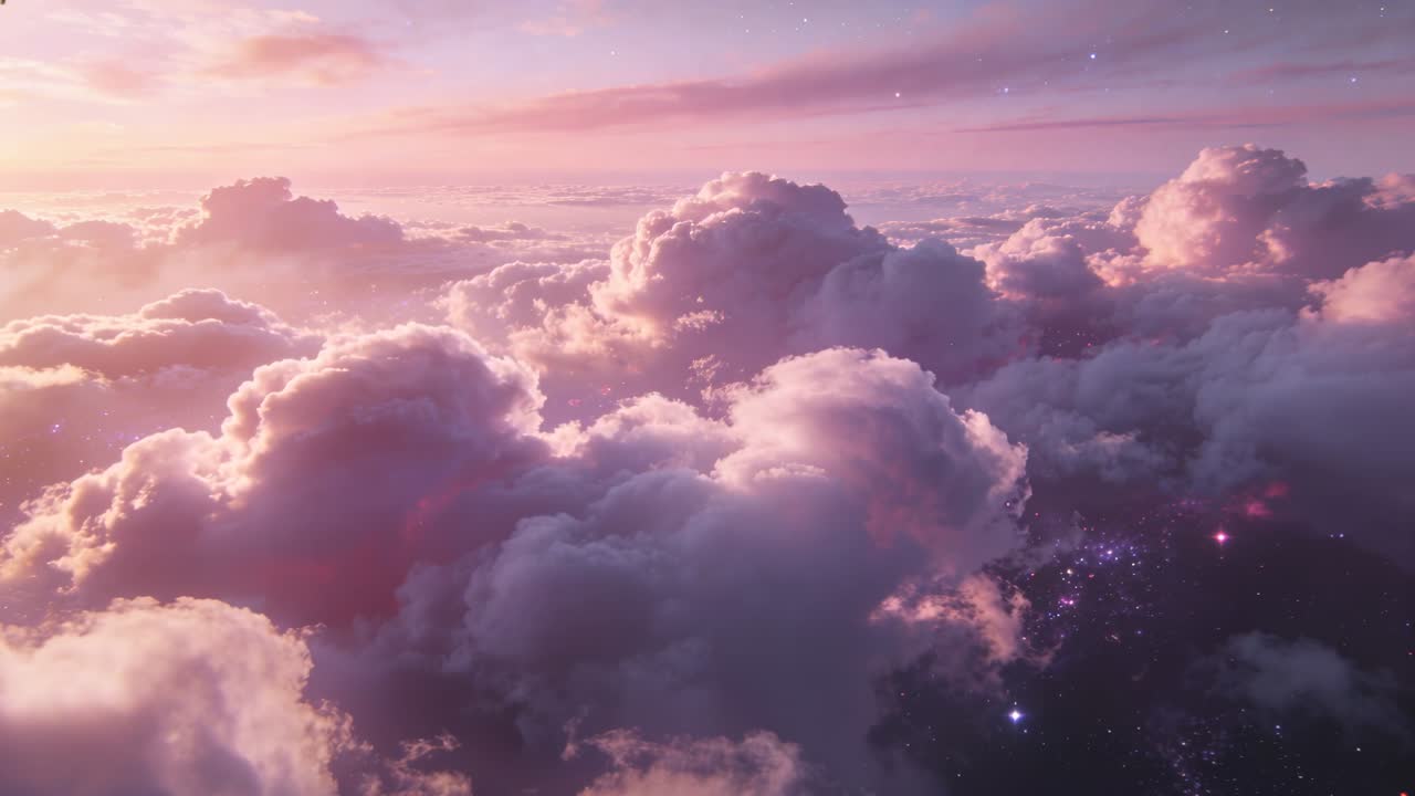 Camera gliding over cumulus clouds, revealing pastel horizon and glints below for sunrise glow