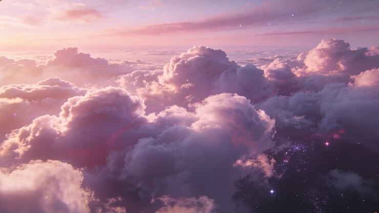 Camera gliding over cumulus clouds, revealing pastel horizon and glints below for sunrise glow