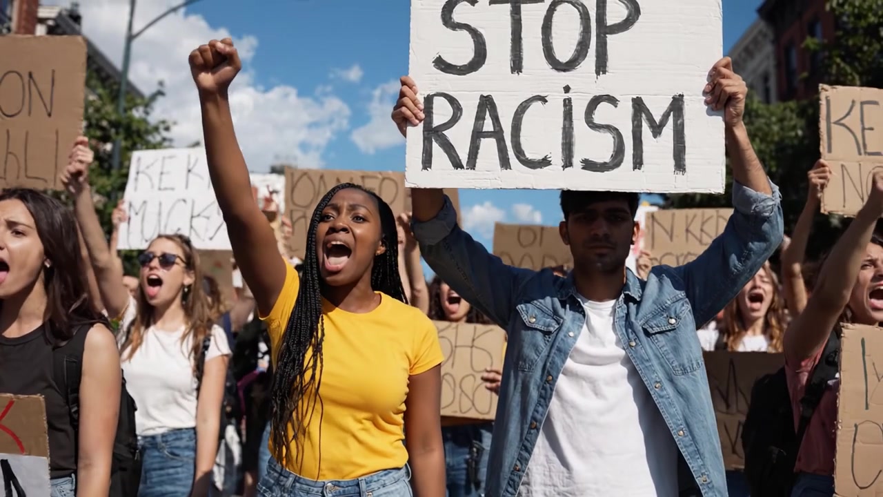 A Powerful Demonstration Against Racism: Uniting Voices in Protest with Passionate Participants Holding Signs for Change and Social Justice