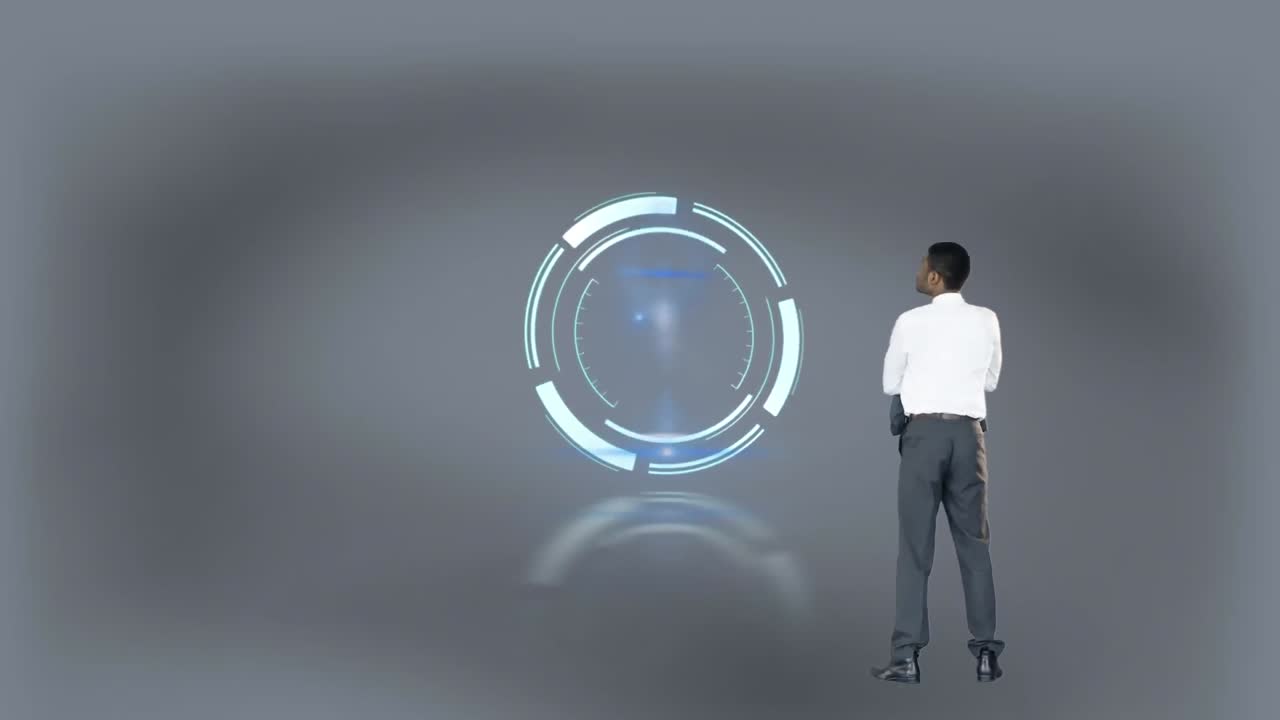 회색 배경에 복사 공간을 가진 범위 스캐닝과 비즈니스맨의 애니메이션