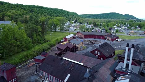 An-Aerial-View-of-an-Abandoned-Narrow-Gauge-Coal-Rail-Road-Round-House-and-Turntable-and-Support-Building-Starting-to-be-Restored