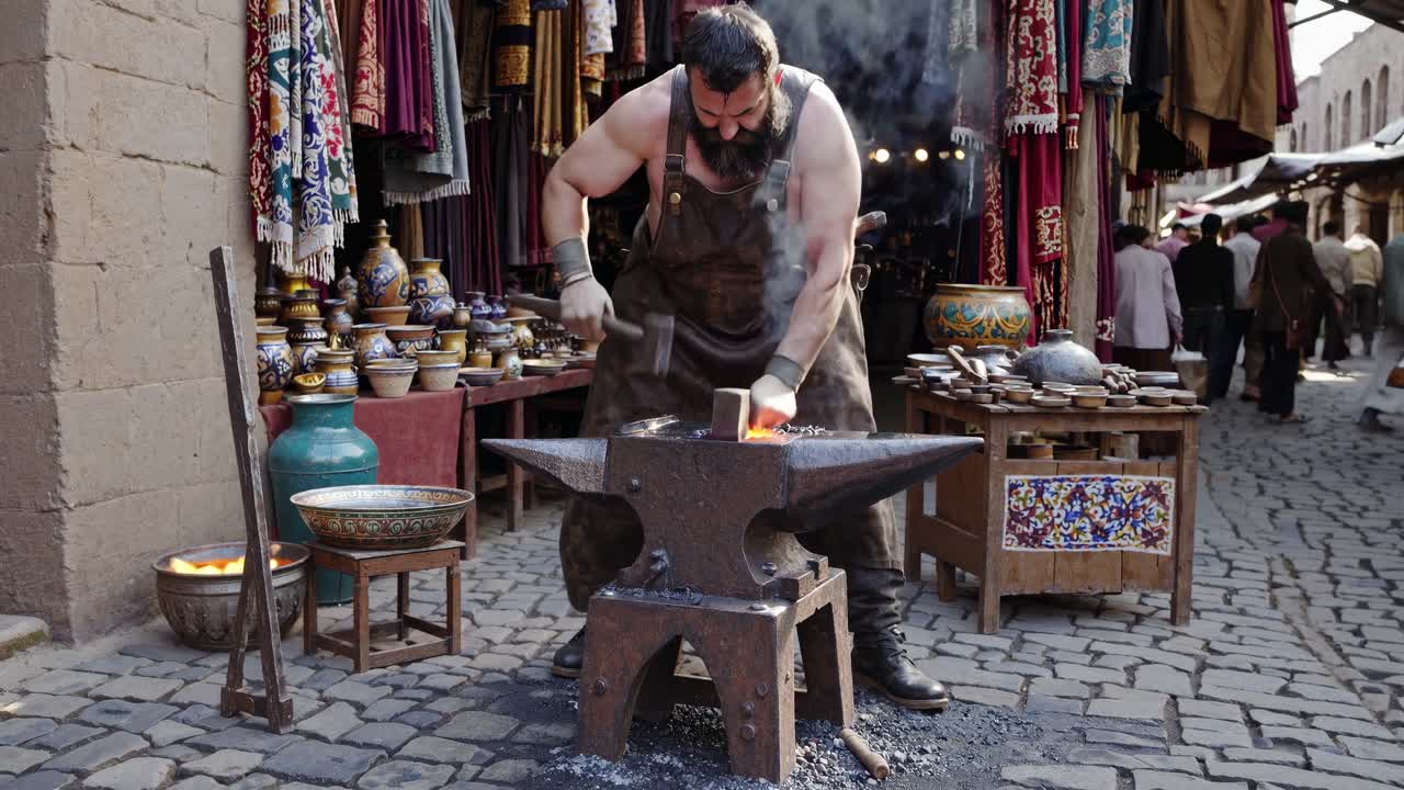 Strong Blacksmith Hammering Hot Metal on Anvil in Traditional Market