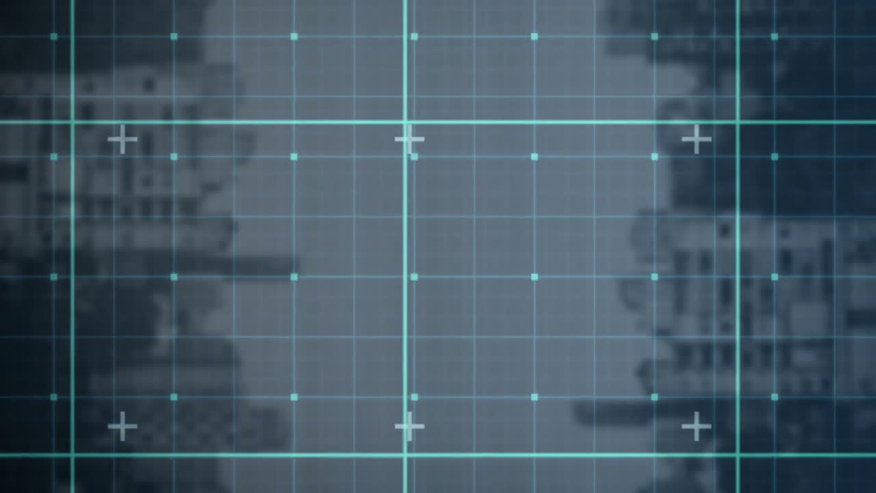 Grid and crosshair animation over blurred buildings in background