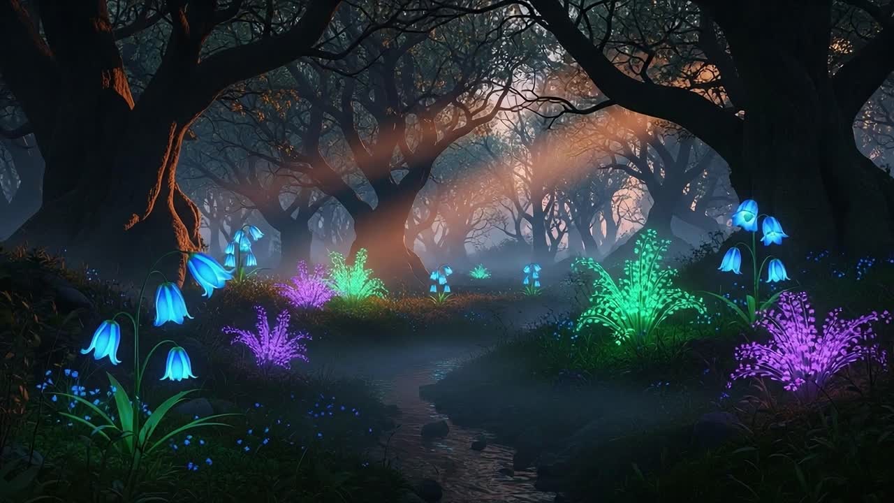 A Mystical Forest Awash with Colorful Luminescent Flora: A Surreal Journey Through a Whispering Woodland Landscape Illuminated by Soft Light and Artistic Shadows