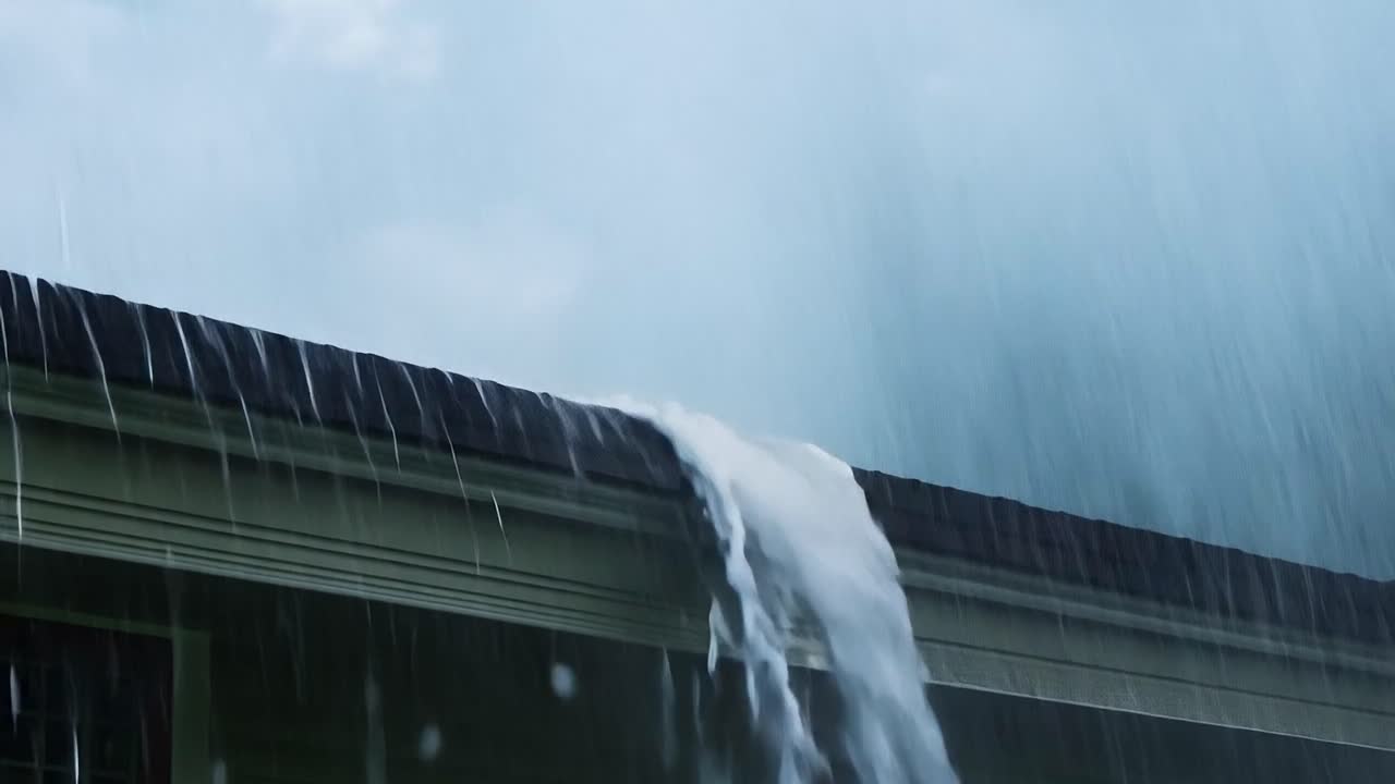 Heavy rain pouring down from a roof