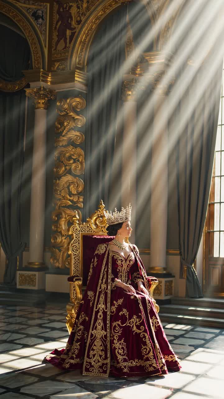 A regal scene with a queen in ornate attire, seated on a throne