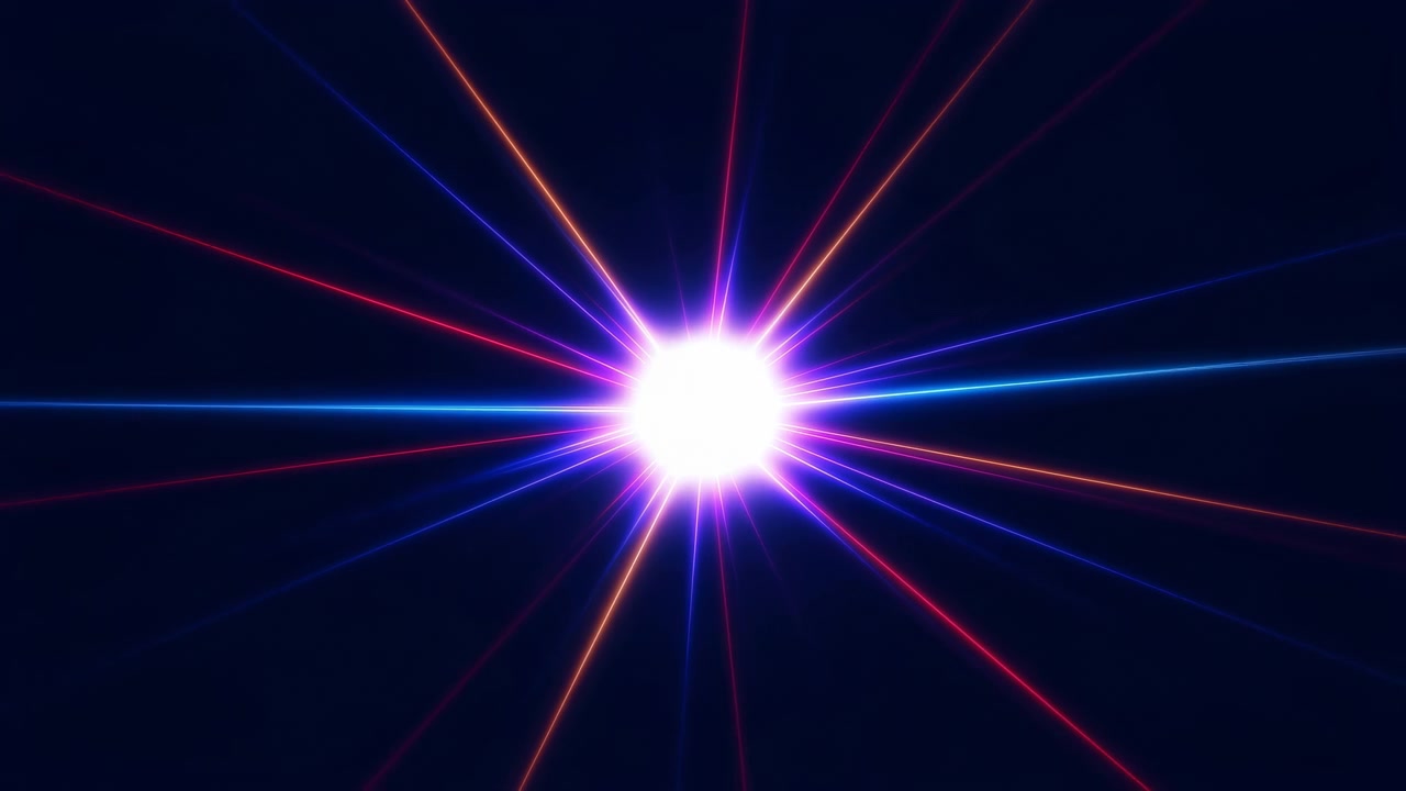 Intenso fascio laser colorato che si irradia verso l'esterno, bagliore centrale a forma di stella con raggi multicolori, energia drammatica