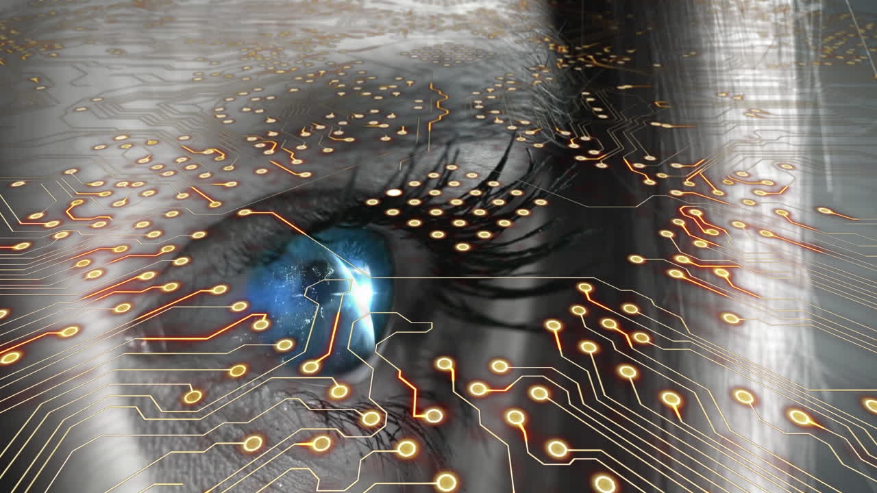 백인 여성의 파란 눈 위에 집적 회로의 애니메이션