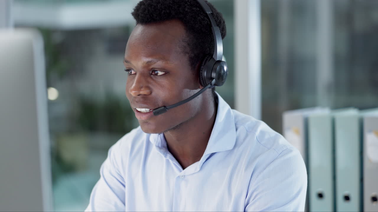 Happy black man, call center
