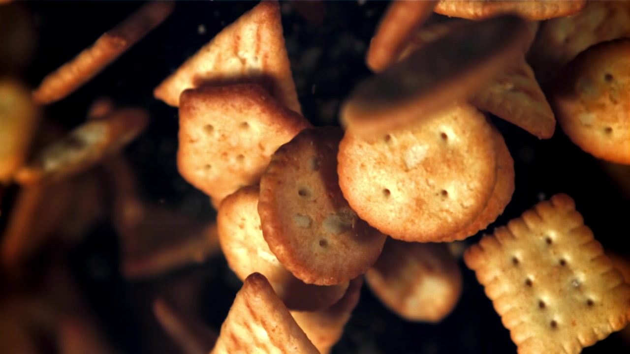 Cracker croccanti assortiti che cadono al rallentatore