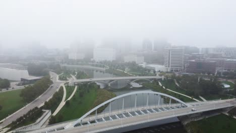 columbus ohio skyline on a foggy morning, aerial drone