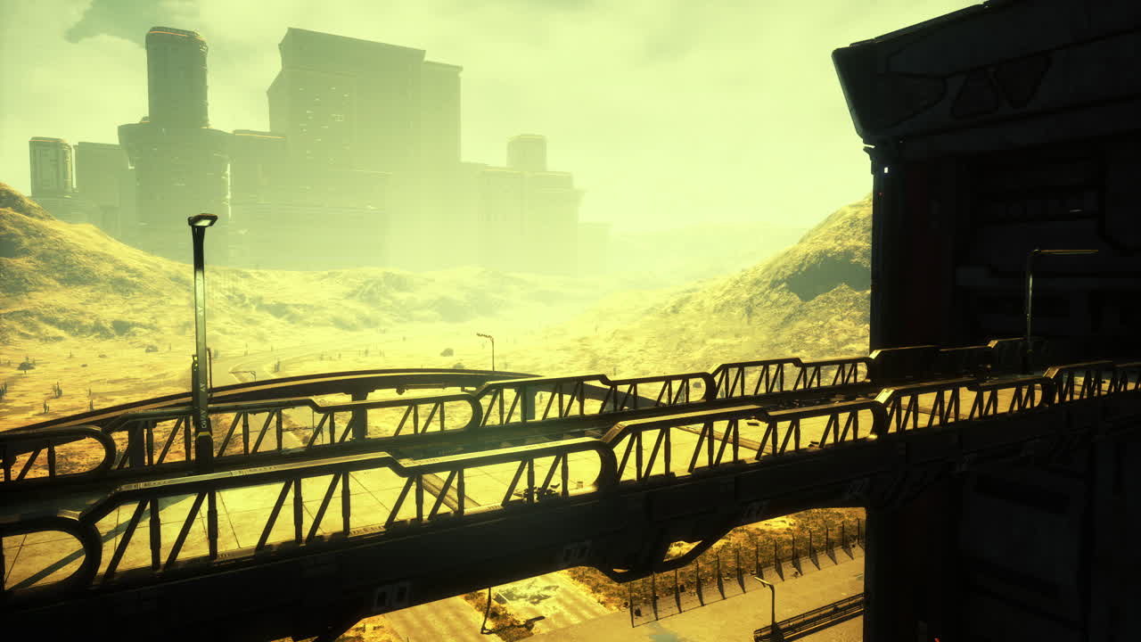 Desolate landscapes with futuristic structures under a hazy yellow sky