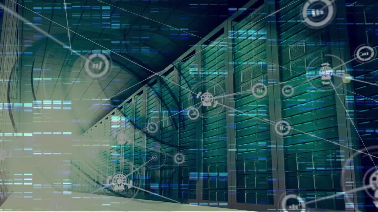 Animation of blue mosaic squares and network of digital icons against computer server room