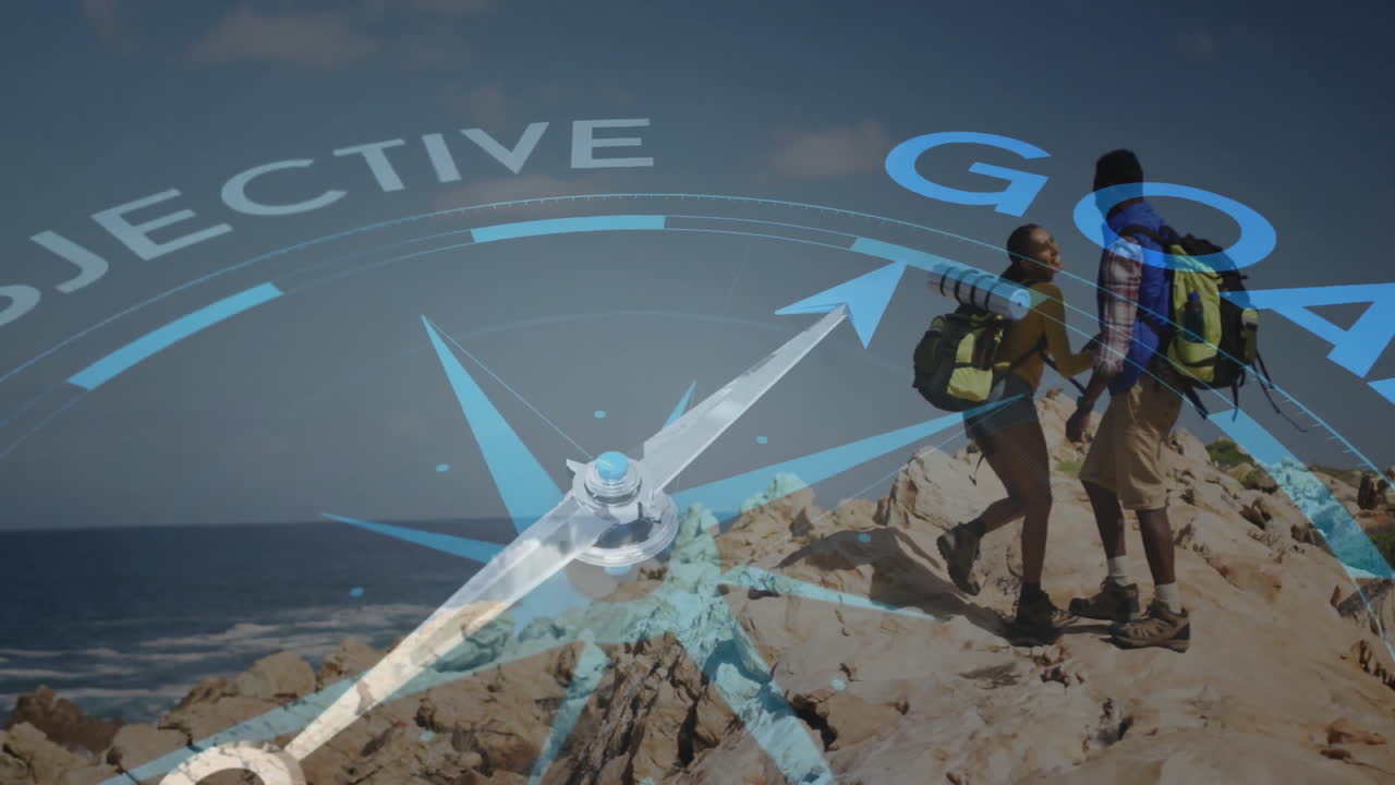 Woman and man hiking on rocky coast, with animated compass HUD demonstrating travel tech concept
