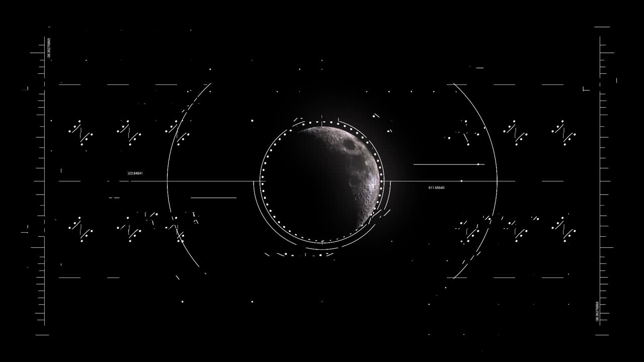pantalla futurista de escaneo y análisis de datos alrededor del satélite de la media luna