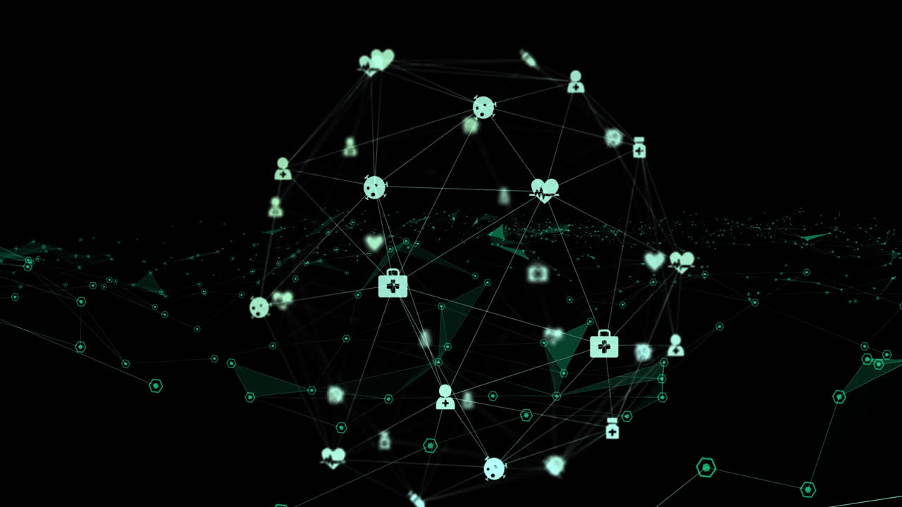 Animazione di globo con rete di connessioni e icone che fluttuano su sfondo nero