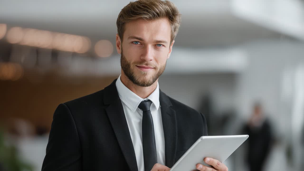 Professional Man in a Suit Holding a Tablet, Exuding Confidence and Authority in a Modern Office Environment with Soft Background Lighting