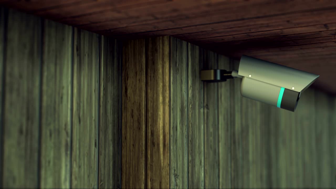 Telecamera di sicurezza intelligente su sottotetto in legno. Animazione video 3D in loop infinito 4K UHD