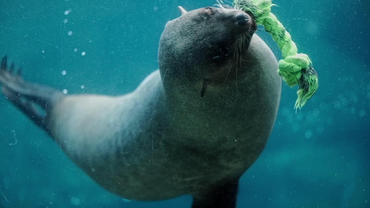 Una foca giocosa mastica una corda giocattolo e gira in cerchio sott'acqua, vista attraverso una finestra di osservazione in vetro in uno zoo, con bolle e altre foche sullo sfondo.