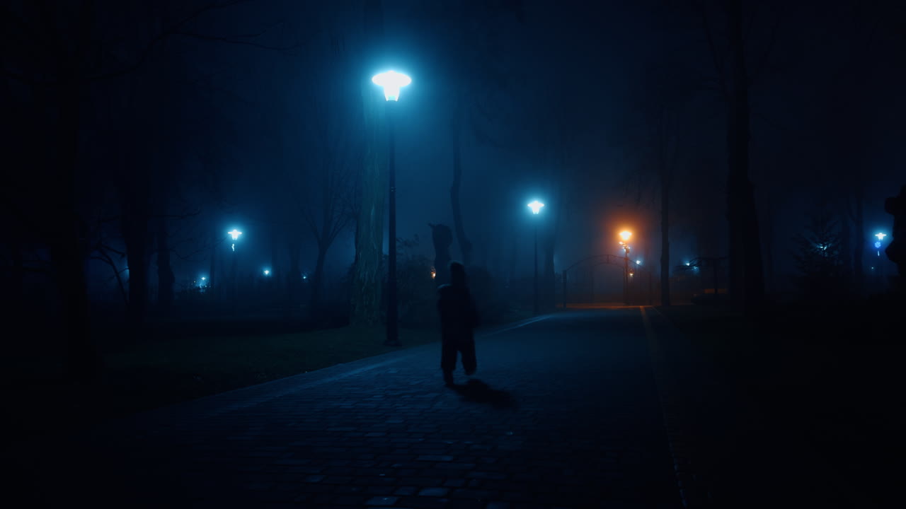 Paved alley in the park lit with dim light of street lanterns at night. Little kid runs by the road to the gates.
