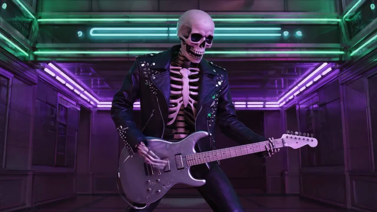 Skeleton Rock Star with Electric Guitar in Neon Setting