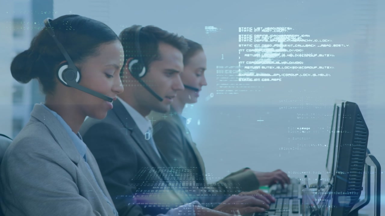Animation of data processing over diverse business people using phone headsets