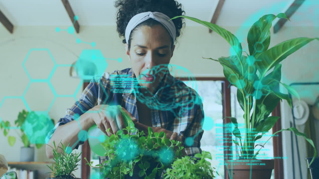 woman spraying houseplants indoors with green bottle, showing turquoise tech grids and code lines