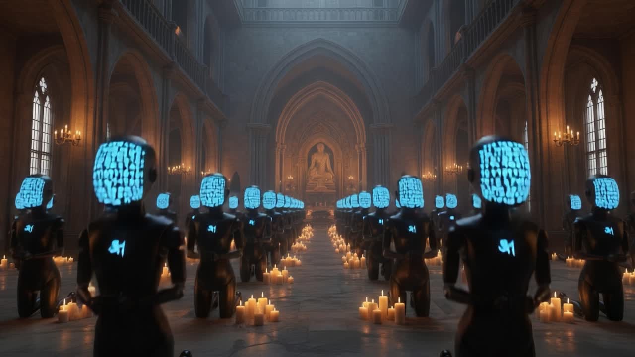 A Surreal Scene of Robotic Figures in a Grand Gothic Hall, Illuminated by Candles, Evoking Themes of Artificial Intelligence, Spirituality, and Modern Worship